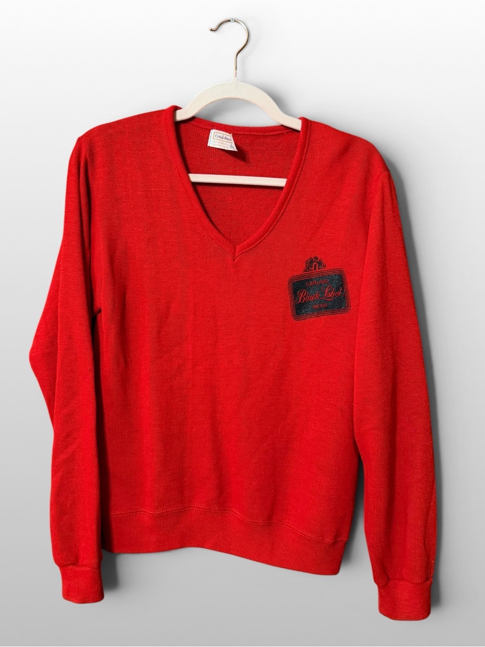Vintage Carling Black Label Beer Sweatshirt Red V Neck Creslan Acrylic Small